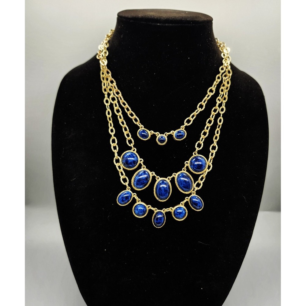 Chico's Layered Bib Statement Necklace Adjustable Gold Tone Blue Cabochon